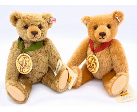 Steiff Museum bear pair including: (1) Museum Bear 2001, white tag 670701, cinnamon mohair, ceramic medallion, swing label ce
