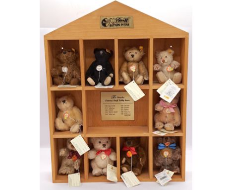 Steiff Decade Teddy Bear Display Cabinet, 1999, EAN029141, comprising wooden wall mounted display case and complete set of Be