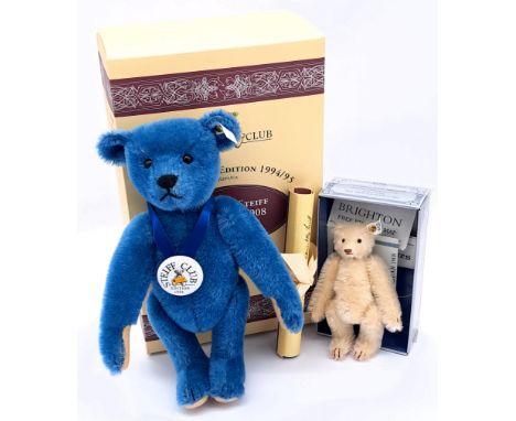 Steiff teddy bear pair including: (1) Steiff Original Club Edition teddy bear, 1908 blue 35 replica, white tag 420047, LE 199