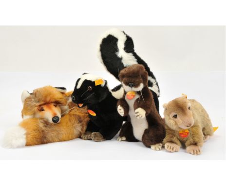 Steiff group of plush animals, including Ringel Fuzzy fox, yellow tag 070105, Skunk, yellow tag 2080/35, Piff, yellow tag 207