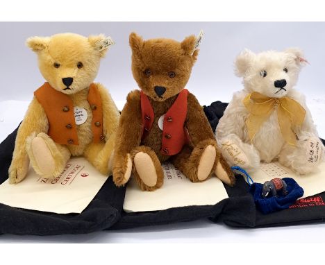 Steiff trio of bears: 2x Teddy Bu, white tags 407185/407161, brown and blonde mohair, both with certificates (creased), draws