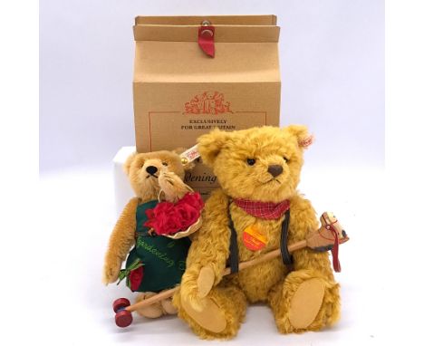 Steiff pair of teddy bears: (1) Steiff The Gardening Bear, white tag 654824 LE 4000, blonde mohair, certificate, within Good 