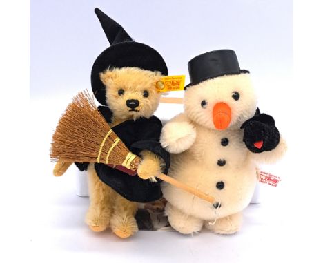 Steiff pair of Snowman and teddy bear: (1) Steiff Snowman with Raven, white tag 037962, LE 3000, 2002, white and black mohair