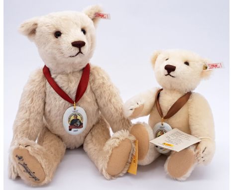 Steiff teddy bear pair including: (1) Steiff 150 Year Margaret Steiff Anniversary teddy bear, white tag 670152, signed on the