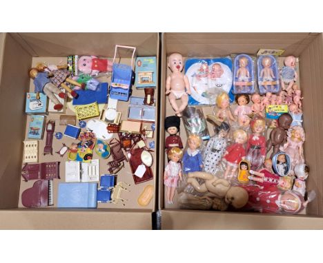 Collection of vintage celluloid, hard plastic and vinyl dolls, Fair Plus to Excellent; plus doll's house furniture, including