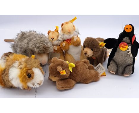 Steiff assortment of small plush animals, including Maxi mole and Ginny guinea pig, all with chest tags, cloth tags and butto