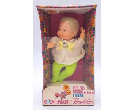 Ideal Newborn Thumbelina vintage baby doll, within factory sealed plastic packaging; shirt and box have some discolouration f