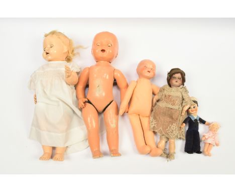 Welsch vintage bisque doll, in original clothing, plus composition baby doll and others; Poor to Good, largest 20"/50cm, smal