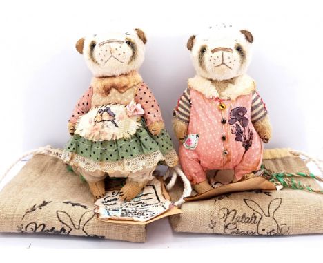 Natali Grosu (Russia) artist designed pair of miniature teddy bears, off white and brown plush, handmade cotton clothing, sew