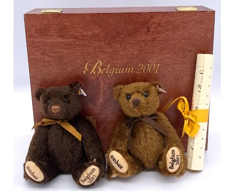 Steiff Ambao Chocolate Belgium Bear set, exclusive for Belgium, 2001, white tag 660320, LE 1500, milk chocolate and dark choc