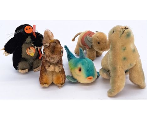 Steiff group of vintage mohair animals, including: Flossy fish, Robby Seal, Maxi mole, Perri squirrel (Walt Disney) and Eleph