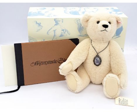 Steiff Margarete Scrap Book teddy bear, white tag 420009, LE 790/3000, white alpaca, with pendant featuring image of Margaret