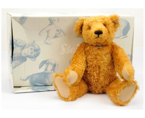 Steiff Teddy Bear with Hot Water Bottle 1908 replica, 2008, white tag 408014, light brown mohair, LE 1908, complete with ches