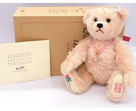 Steiff Queen Mother Bear, exclusive to the Guild of Specialist Glass and China Retailers, 2002, white tag 660887, LE 2002, We