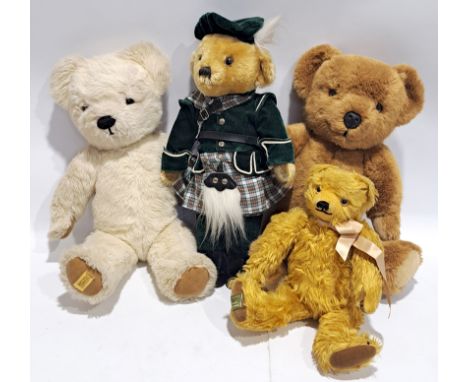 Merrythought group of teddy bears, Good Plus to Excellent; dressed bear has split between legs; largest 22"/56cm.