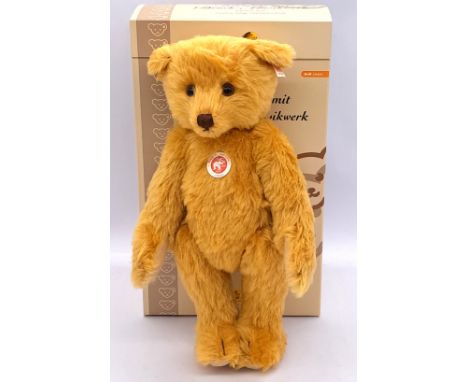 Steiff teddy bear with press-and-listen music-box, golden blonde mohair, white tag 037160, chest tag, LE 3000, music plays "O