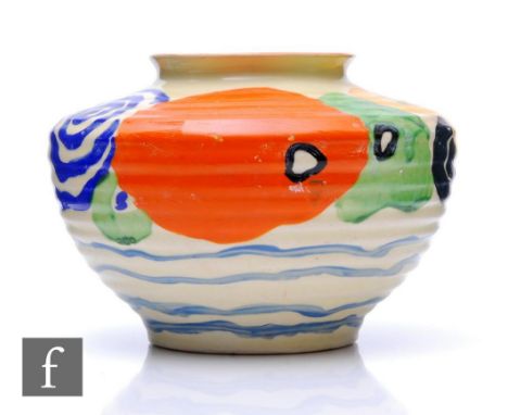 A Clarice Cliff Latona Flowerheads shape 356 Kidney vase circa 1930, hand painted with stylised flowers and foliage with oran