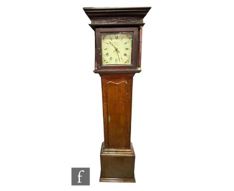 A 19th Century oak longcase clock by S Thorp Abberley, thirty hour striking movement enclosed by a pillar hood over a shaped 