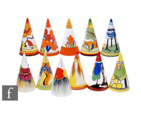 A collection of Bradford Exchange Clarice Cliff pattern conical sugar sifters, to include 'Windbells, 'Berries', 'Apples', 'H