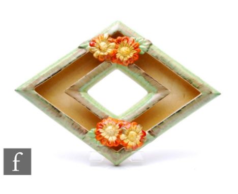 A Clarice Cliff My Garden pattern large diamond shape flower trough circa 1936, decorated with applied flower heads, picked o