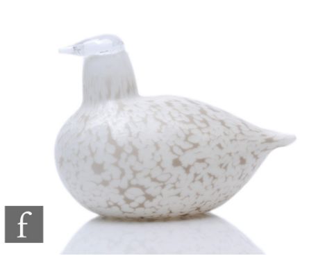 A later 20th Century Iittala Riekko willow grouse glass bird designed by Oiva Toikka, circa 1981, in mottled opal, engraved s