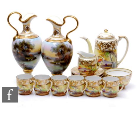 A Noritake coffee service 'Castle' coffee service, to include a coffee pot, a milk jug, a sugar bowl, six coffee cans and sau