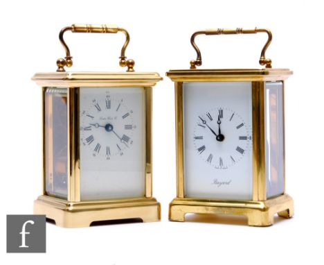 A 20th Century brass carriage clock by Bayard, fixed key wind, and a similar example by the London clock Company, tallest 11c