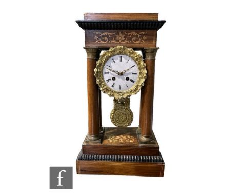 A 19th Century inlaid Portico mantle clock, white enamelled dial within a gilt foliate bezel and pendulum suspended by four p