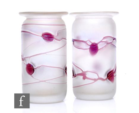 A pair of 20th Century Goebel glass vases of shouldered cylindrical form with everted rim, both decorated with purple iridesc