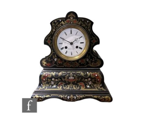 A late 19th Century French Boulle work mantle clock by Brocot A Paris, eight day chiming movement, the case inlaid with brass