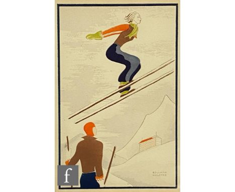 AFTER EDOUARD HALOUZE (FRENCH, 1895-1958) - The Ski Jump, pochoir print, signed, framed, 10.5cm x 16cm, frame size 31.5cm x 2