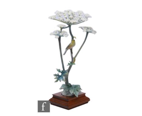 A Royal Worcester model of Chiff Chaff Phylloscopus Rufus and Hogweed, modelled by Dorothy Doughty, circa 1964, printed marks