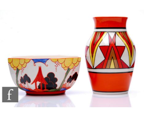 Two Wedgwood Clarice Cliff Centenary collection items, to include 'Sunburst' Isis vase, height 20cm, and 'Summerhouse' octago