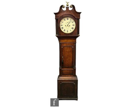 A 19th Century oak and mahogany longcase clock, painted circular dial by Thomas Holmes Cheadle enclosed by a swan neck pillar