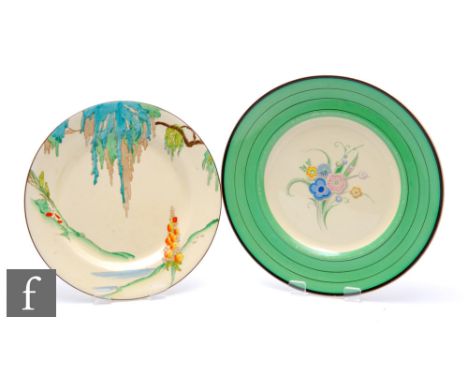 A Clarice Cliff circular side plate in the Sunny Brook pattern, transfer printed and painted with a stylised landscape, width