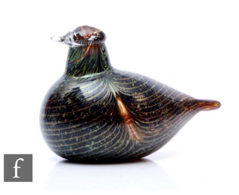 A later 20th Century Iittala long tailed duck glass bird designed by Oiva Toikka, with opal loops against the mottled green a