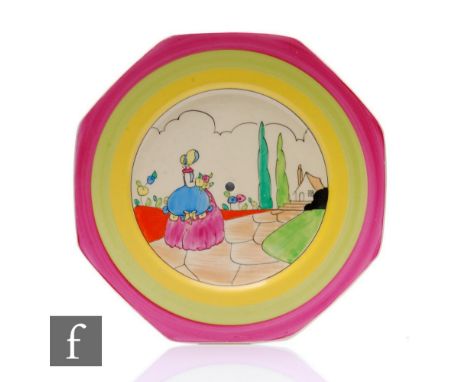 A Clarice Cliff Applique Crinoline Lady octagonal cake plate circa 1933, hand painted with a scene of a lady in crinoline dre