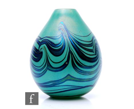 A large later 20th Century studio glass vase by Siddy Langley for Langley Glass, the tapered ovoid form decorated with petrol