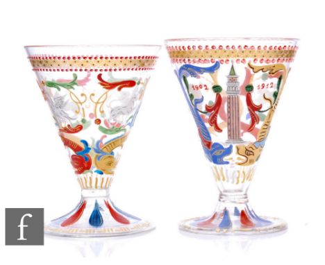 A Renaissance Style Venetian Glass Goblet, Venice and Murano Glass and Mosaic Co, circa 1903, the conical bowl enamelled with