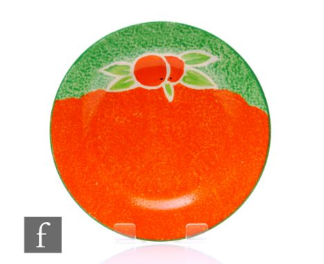 A Clarice Cliff circular side plate circa 1932, hand painted in the Fruit Nuage pattern with stylised fruit and foliage over 