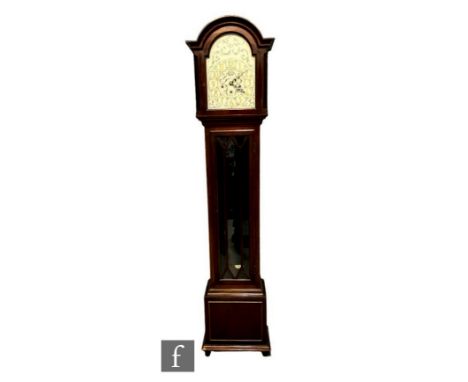 An Edwardian mahogany longcase clock, the engraved silvered arch dial with Arabic numerals by J B Yabsley Ludgate Hill E.C.4,