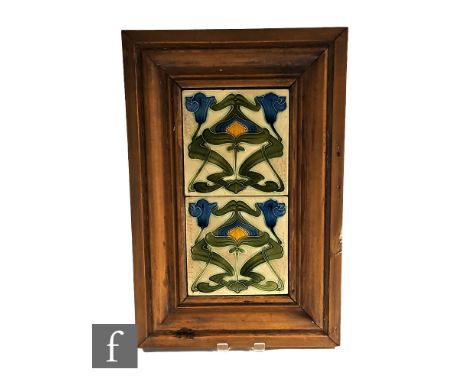 A pair of late 19th Century 6 inch dust pressed tiles, each relief moulded with faux tubelined decorated of stylised Art Nouv