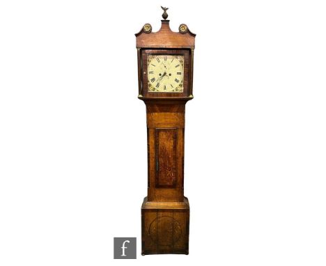 A 19th Century oak and mahogany crossbanded longcase clock, painted dial and eight day striking movement over a short trunk d