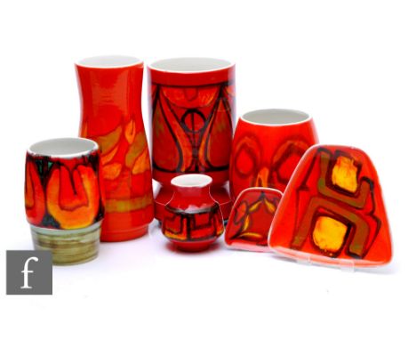 A collection of Poole pottery Delphis pattern items to include five various vases, heights 9cm- 23cm, and two triangular form