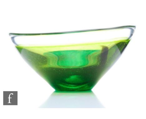 A Sarah Peterson for Caithness contemporary studio Rainbow Lime glass vase, of circular section internally decorated with ton