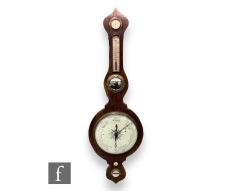 A 19th Century mahogany wheel barometer incorporating DRY/Damp dial, thermometer and level, height 105cm. 