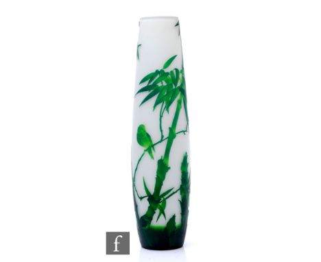 A large later 20th Century Czech Galle TIP cameo glass vase of swollen sleeve form, cased in tonal green over opal and cut wi