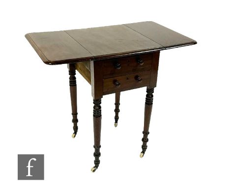 A small mid 19th Century mahogany drop flap work table, fitted with two small drawers on ring turned legs and castors, height