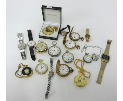 A collection of various watches including a silver Victorian fob watch, open face pocket watches replica gilt watches , full 