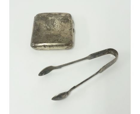 A silver cigarette case and silver sugar tongs.